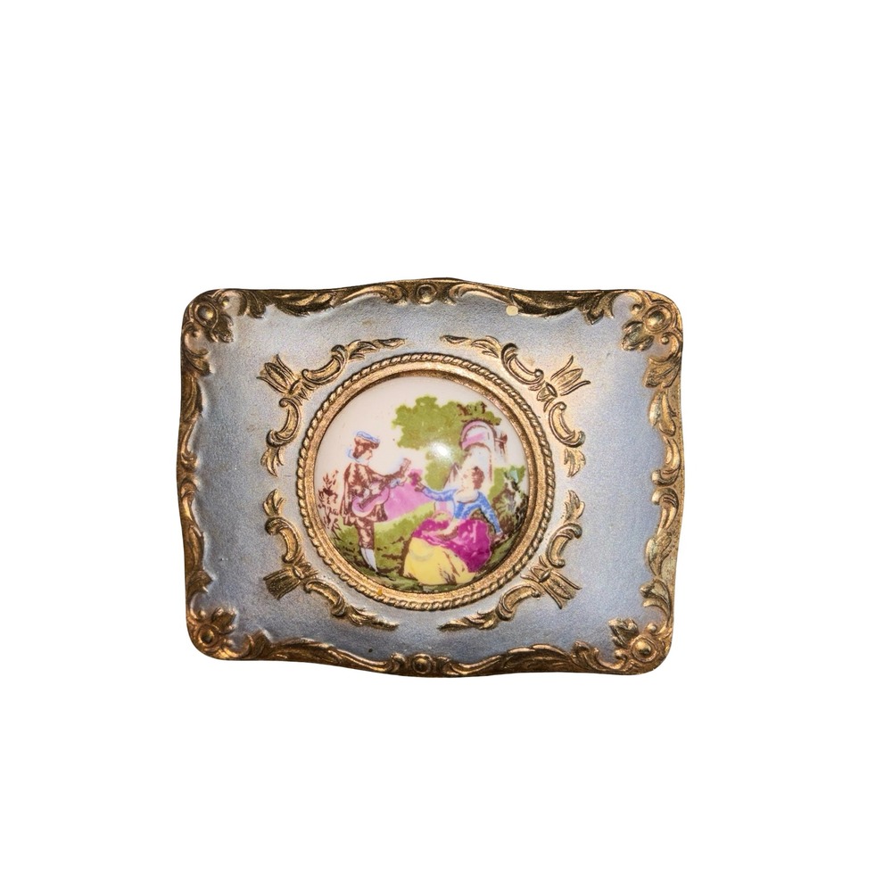 Vintage Gold Tone Metal Footed Trinket Jewelry Box Victorian Scene Japan